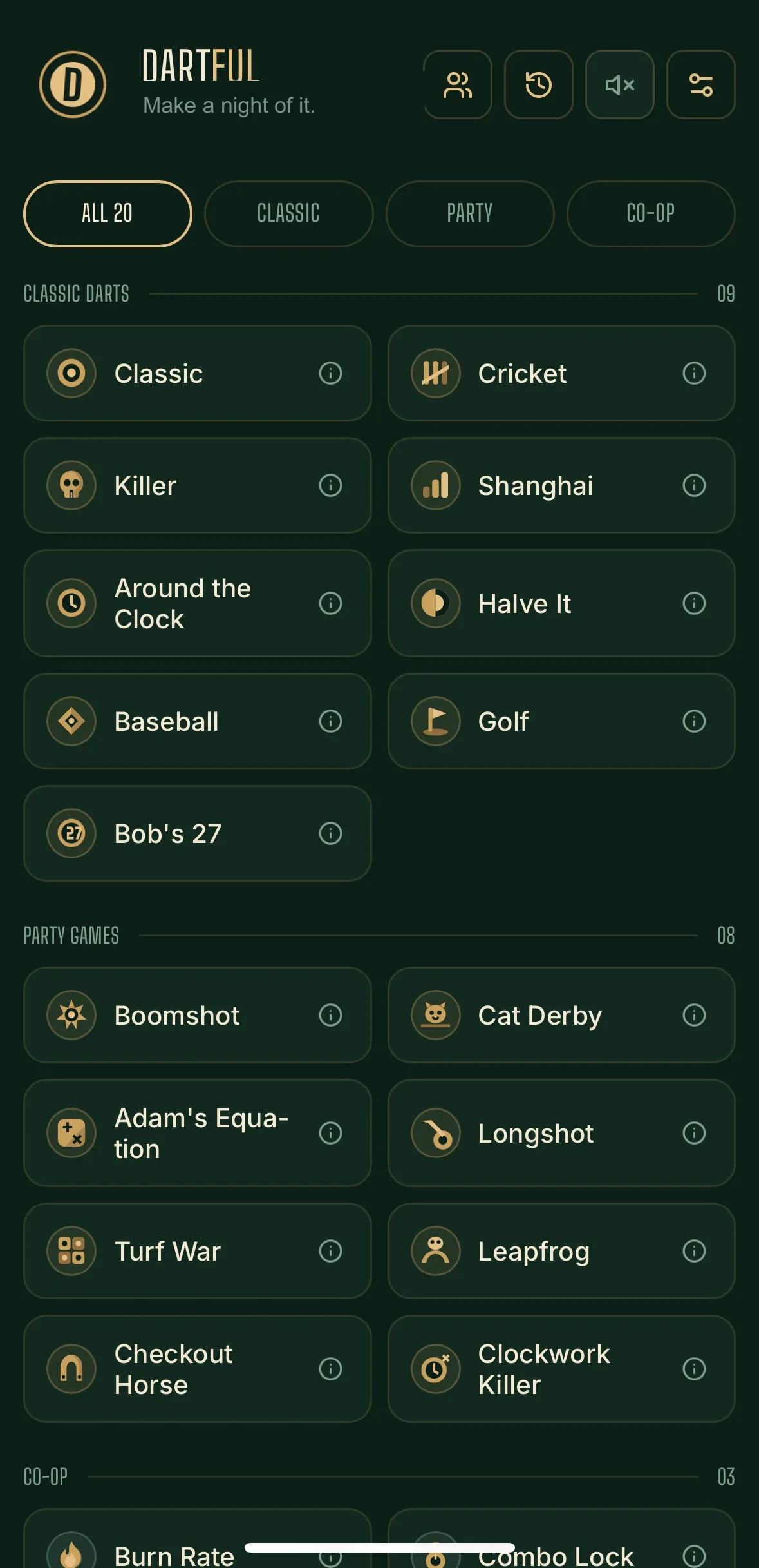 Dartful game selection screen showing classic, party and co-op darts modes