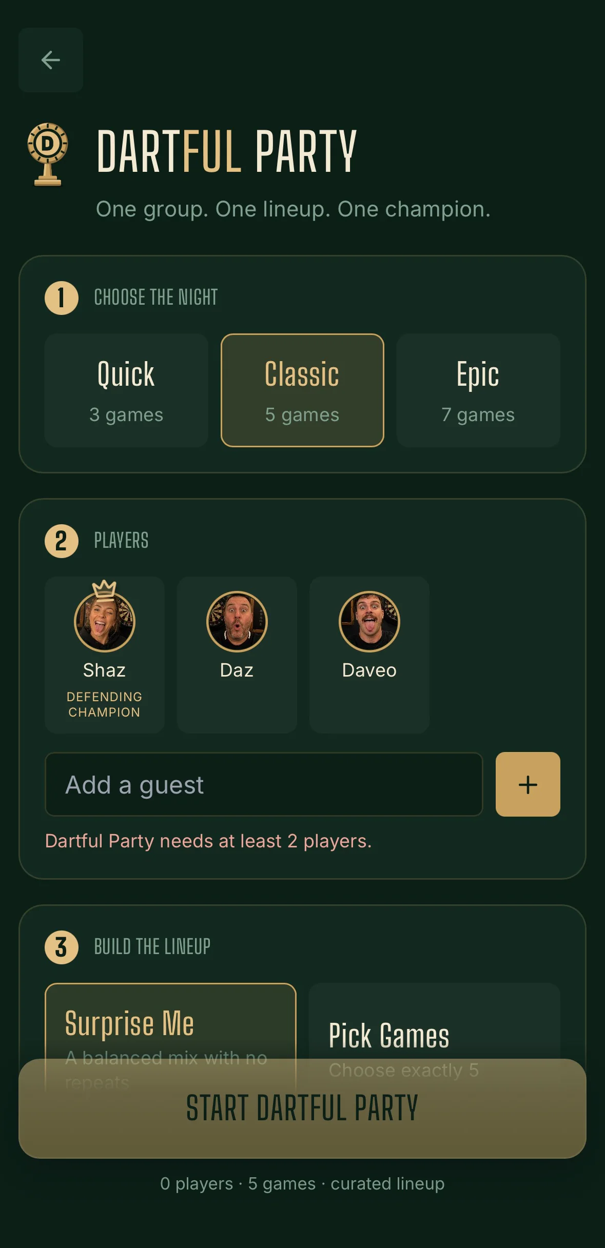 Dartful Party setup screen showing Quick, Classic and Epic championships and the defending champion